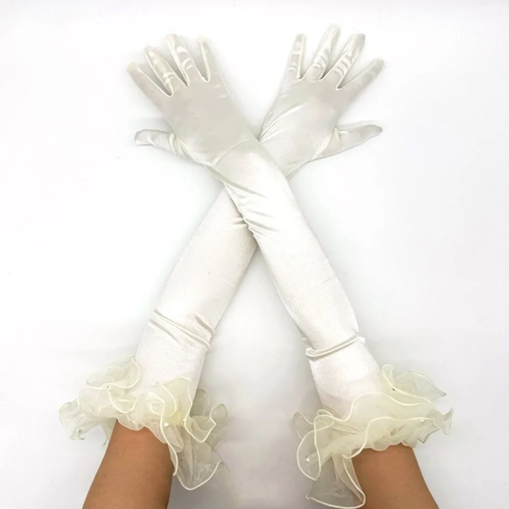 Vintage 55CM Women Long Satin Gloves Tulle Ruffle Pearl Bridal Gloves Performance Gloves Prom Wedding Party Opera