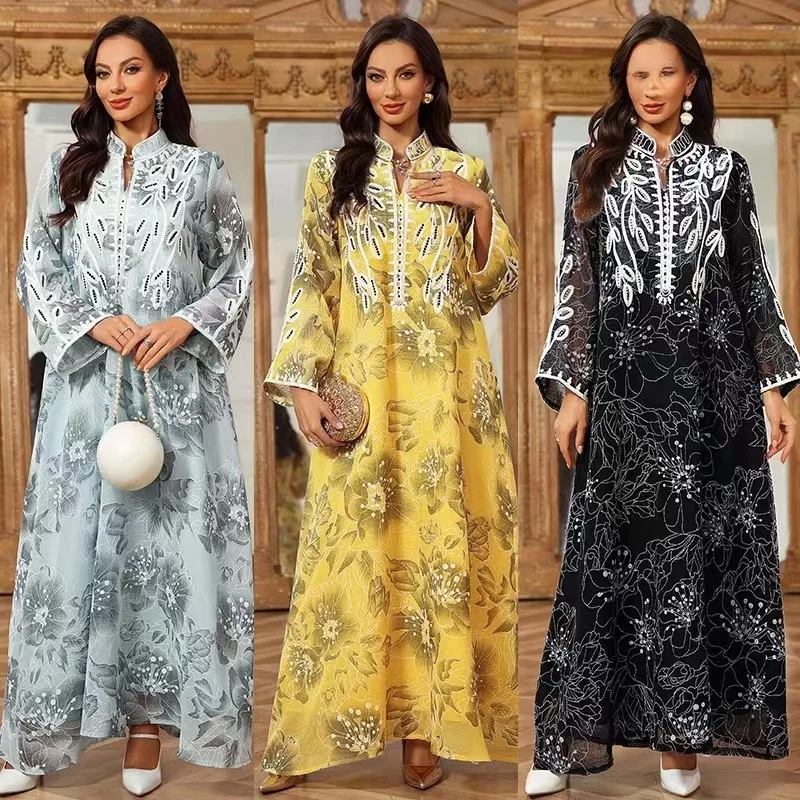 

Faionable Embroidered Robe Dr Loose Long Middle Eastern Dubai Women's Wear Deep V Retro Sle A-Line Skirt Long Sve