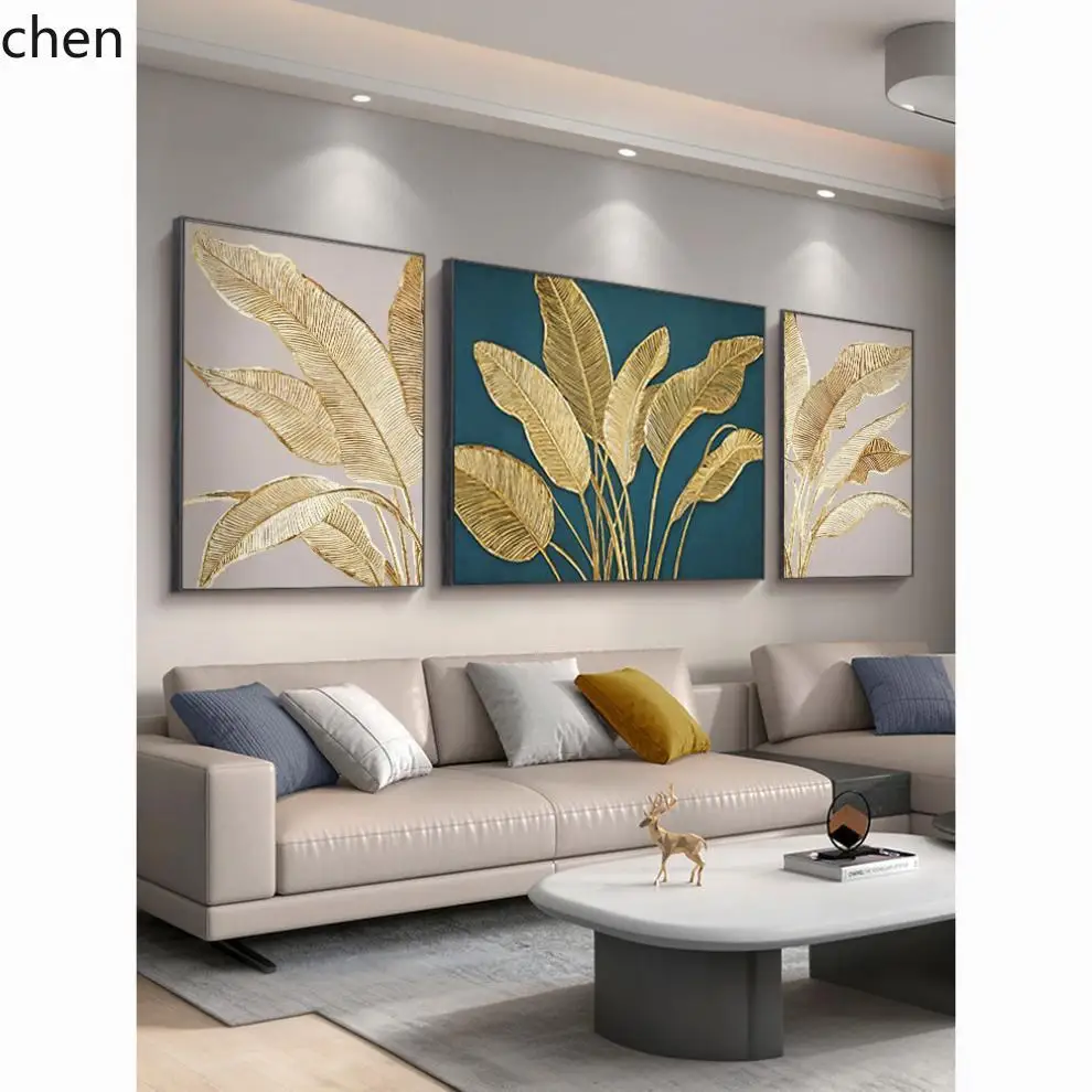 Hxl living room decorative painting hand-painted oil painting golden leaves triptych background wall