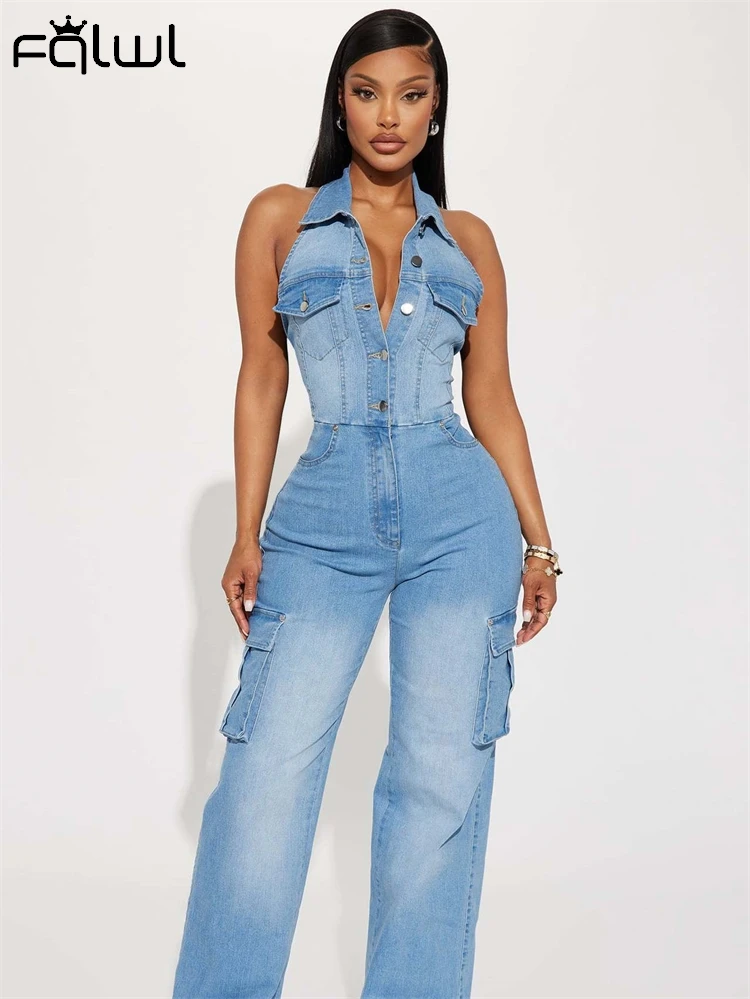 

Habbris Summer Y2K Fashion Halter Denim Jumpsuit Party Clubwear For 2024 Sexy Backless High Waist Straight-Leg Street Overalls