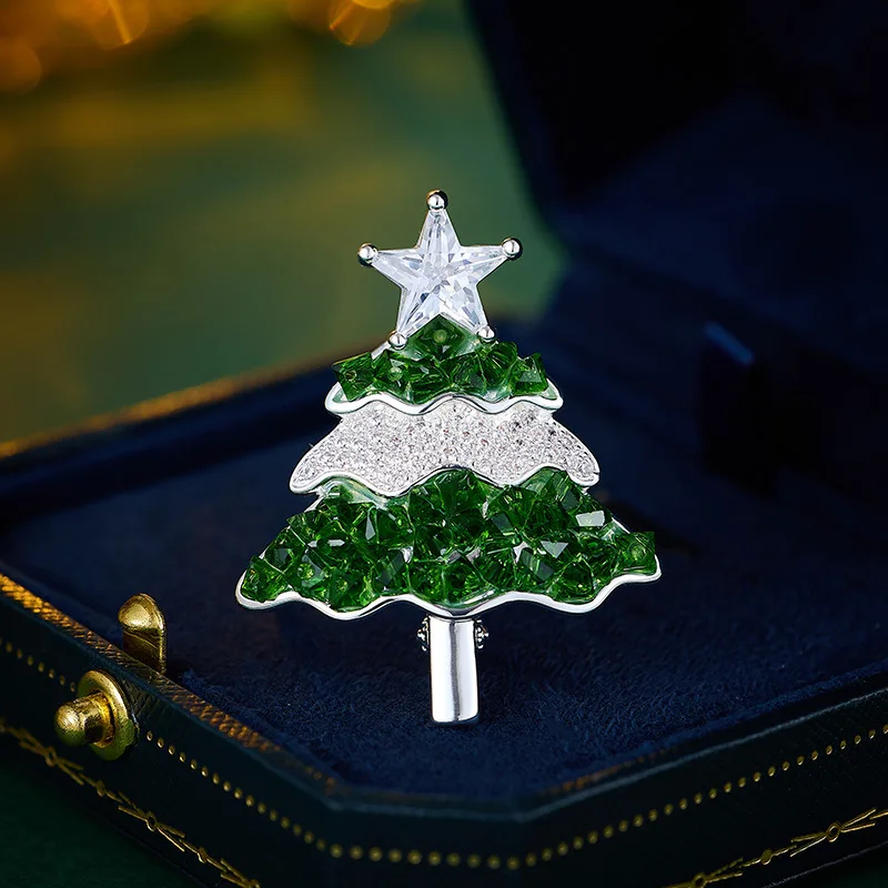 

Christmas Tree Rotating Snowflake Brooch, Eco-Friendly Copper Zirconia Lapel Pin, Festive Holiday Jewelry Gift for Women