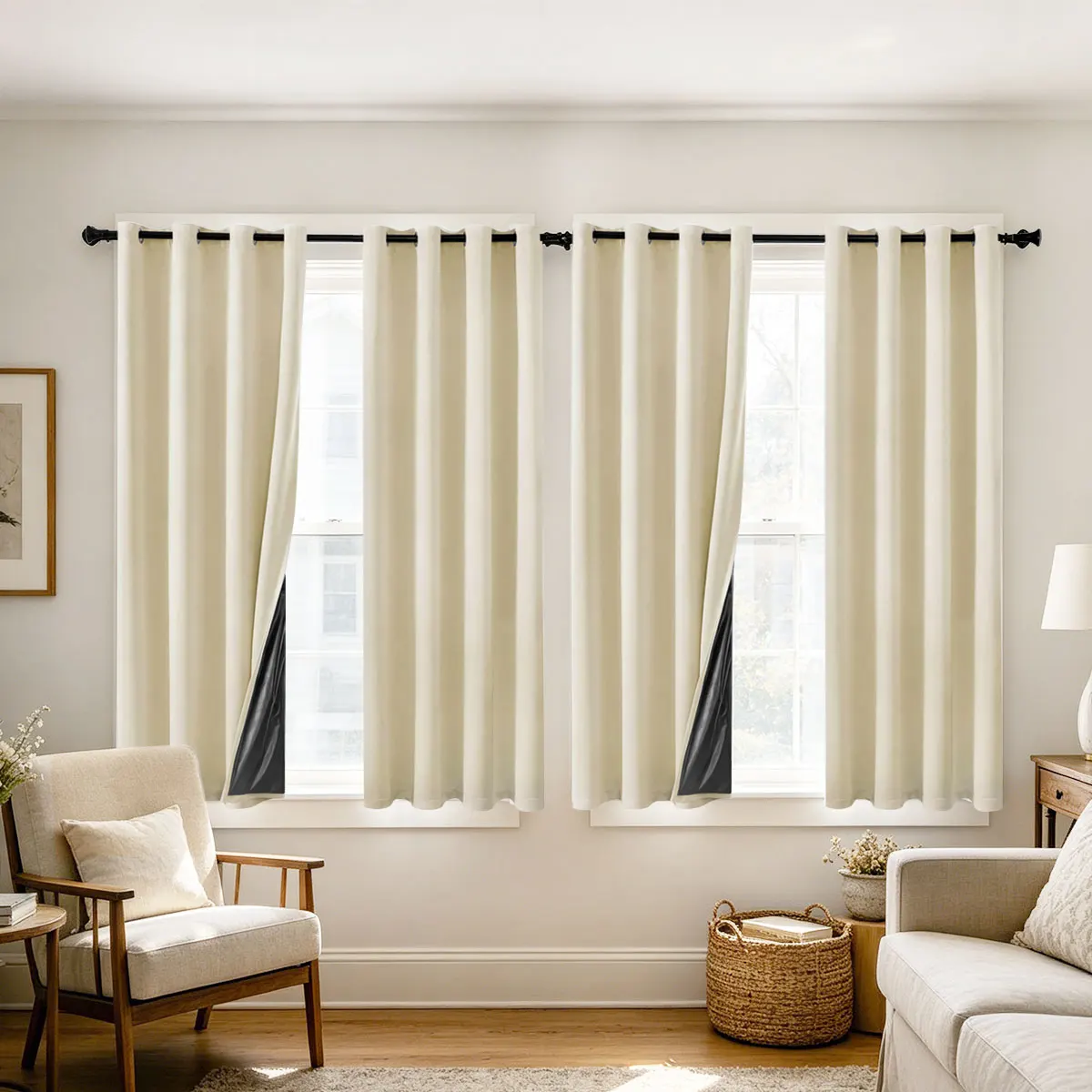 Modern Minimalist Beige Eyelet Window Curtains, 4 Panels 4-Side Black Coating Full Blackout Thermal Drapes for Bedroom Living Room Apartment Home Decor
