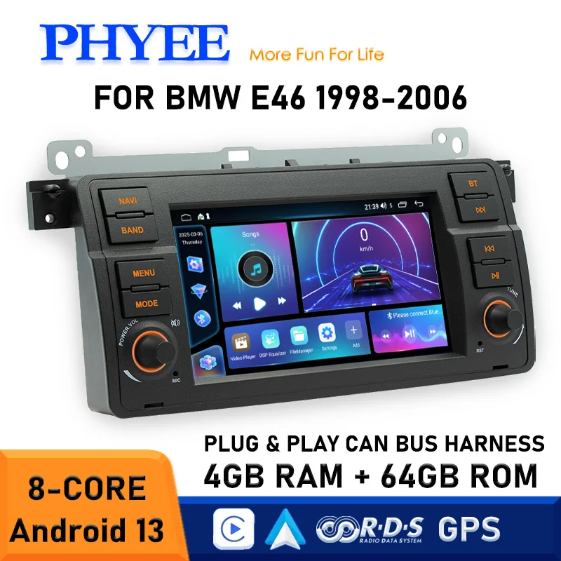 

7" CarPlay Android Car Radio for BMW E46, with 8-Core 4GB 64GB, GPS Navi, Android-Auto, BT, RDS, Plug & Play CAN Bus Harness