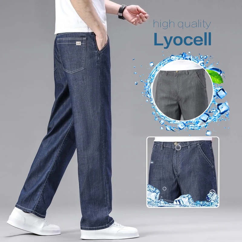 

Brand Clothing Summer Men's Lyocell Cotton Blended Fabric Jeans Loose Straight High Waist Pants Thin Trousers Male Plus Size 40