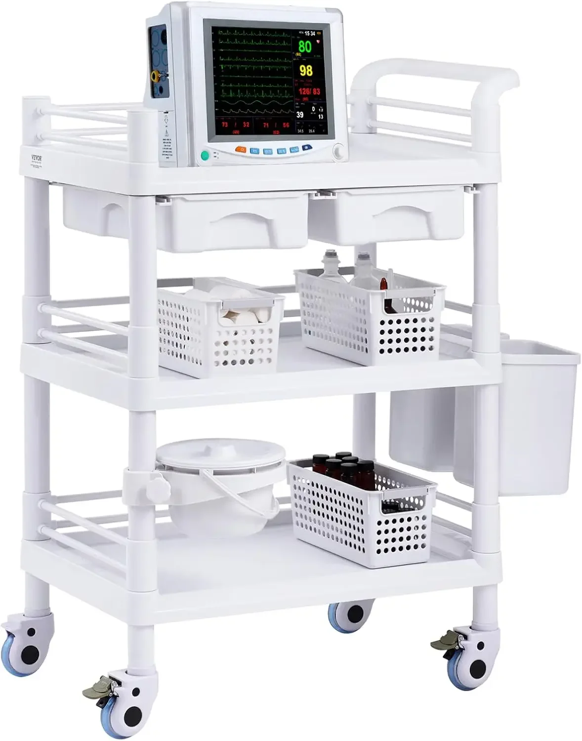 Medical Mobile Trolley Cart with 2 Drawers & 3 Trash Cans, 3 Tiers Beauty Salon Rolling Trolley with 4 Silent Wheels & 2 Dirts B