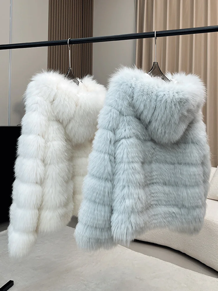 Giacca invernale da donna in pelliccia di volpe naturale con striscia di pelliccia cucita stile Toghter caldo spesso giacca casual con cappuccio cappotto caldo capispalla