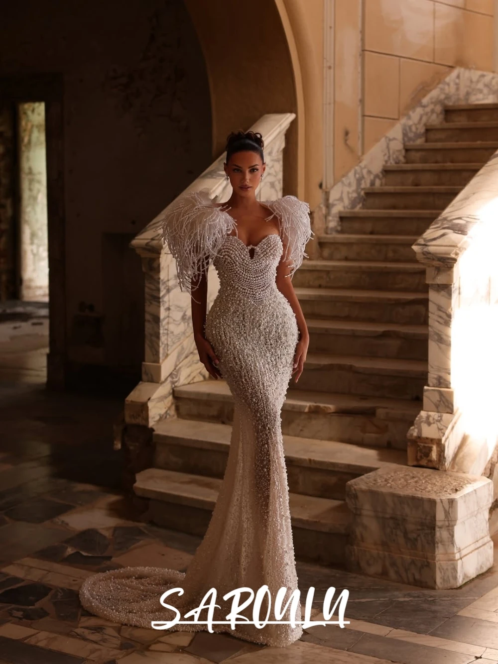 Opulent Pearls Mermaid Wedding Dress, Puff Sleeves Stunning Statement Bridal Gown, Sweetheart Neckline, Customized Bride Wear