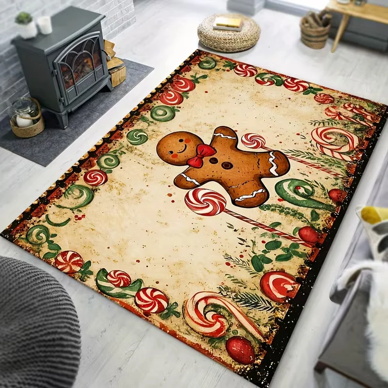 Vintage Gingerbread Man Christmas Area Rug Candy Cane Peppermint Print Soft Floor Mat Holiday Carpet for Living Room Bedroom
