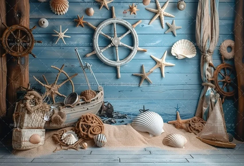 Mehofond Vintage Romantic Ocean Photography Background Blue Wooden Wall Panel Small Boat Rudder Spiral Shell Backdrop Decor