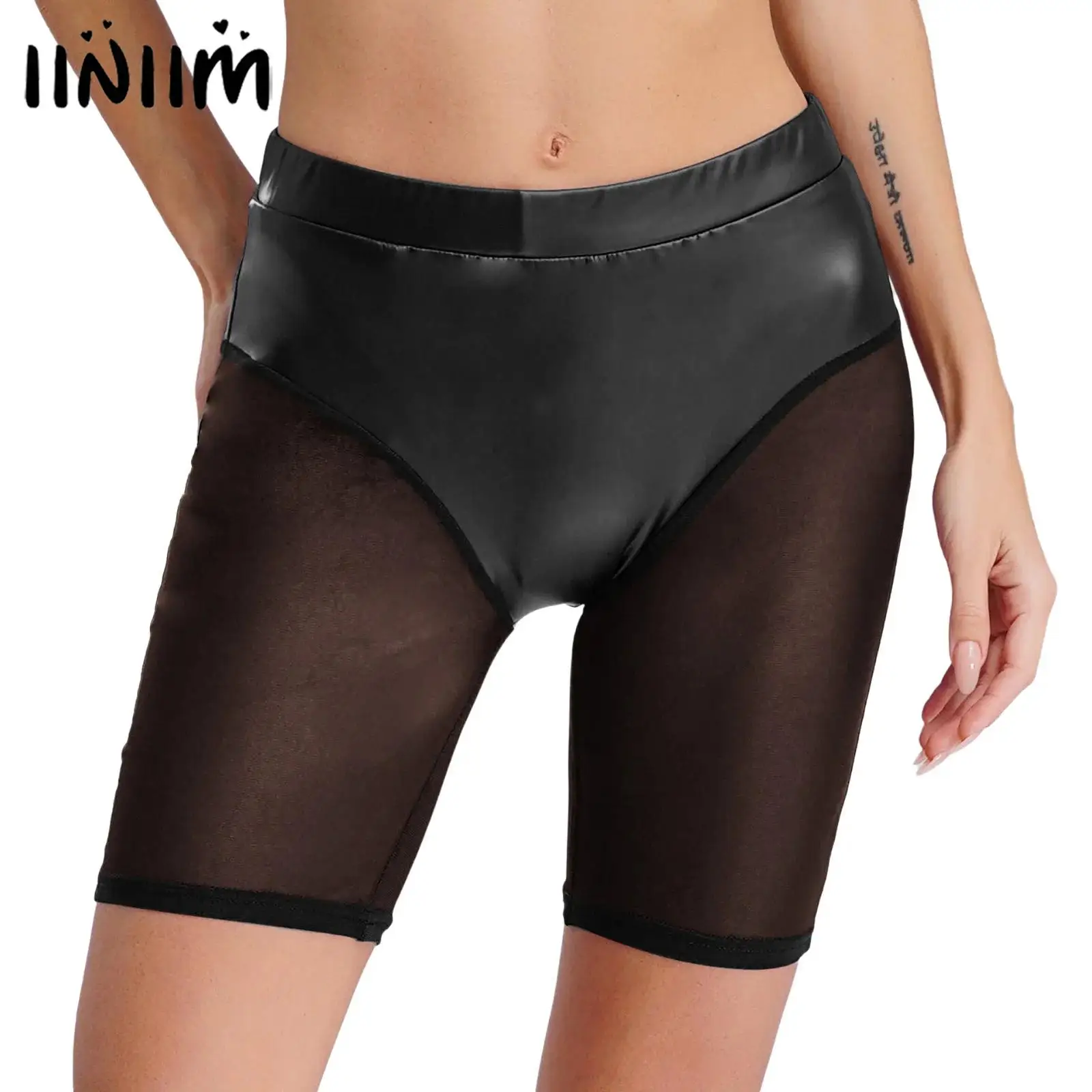 

Womens Stretchy Slim-fit Fifth Pants Faux Leather And Mesh Spliced Shorts High Waist Cycling Shorts for Pole Dancing Clubwear