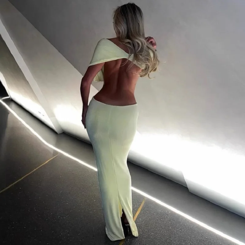 Vestido largo amarillo plisado con cuello en V elegante para mujer, vestidos de cintura alta ajustados recortados a la moda, nuevos vestidos de playa para vacaciones de verano