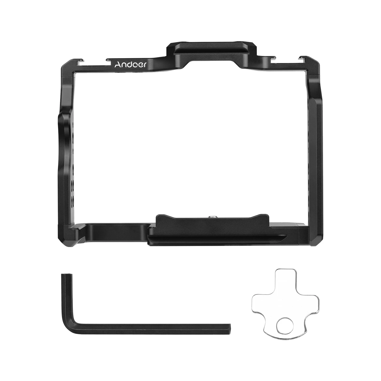 Andoer Camera Cage Aluminum Alloy Video Cage with Dual Cold Shoe Mounts Numerous 1/4 Inch Threads Replacement for A7IV/ A7III/ A