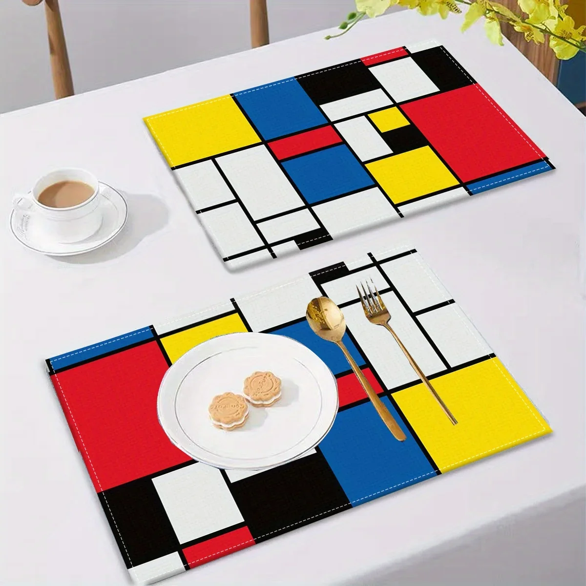 4Pcs Mondrian Style Placemats With Geometric Color Block Splicing For Restaurant Table Decoration
