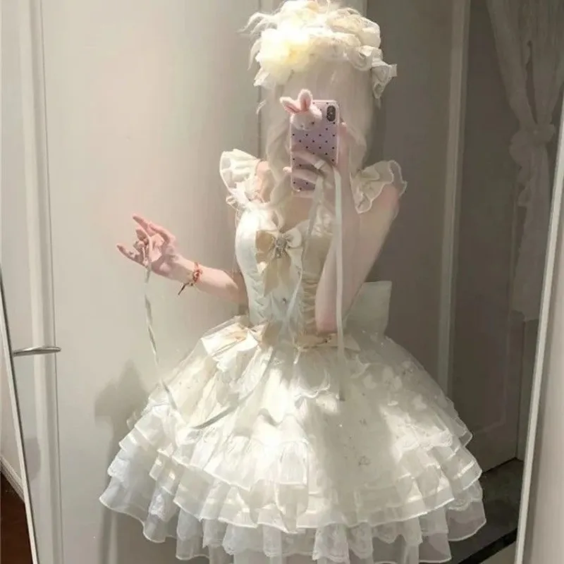 

Japanese Sweet Lolita Kawaii Fluffy Dress Women Lovely Ballet Princess Cake Dresses Harajuku Lace Bow Patchwork Cute Outfit Y2k