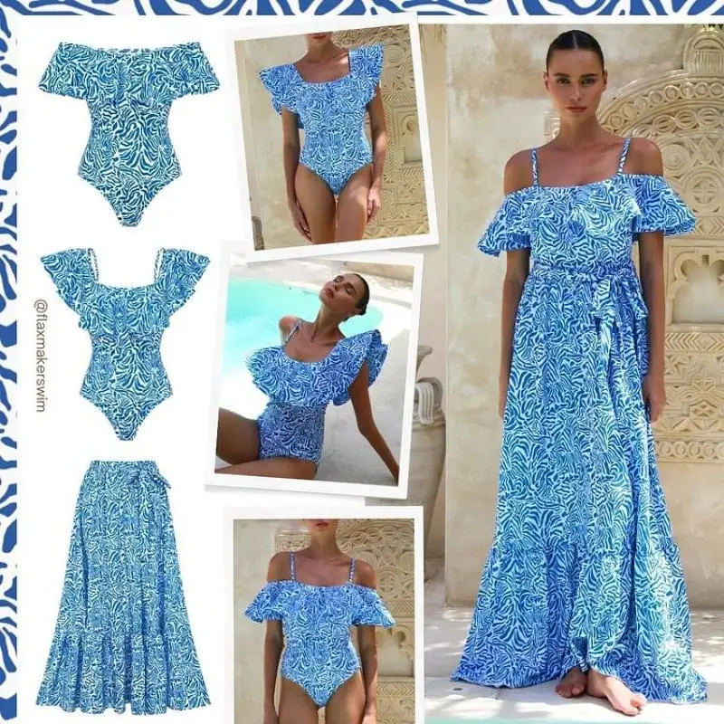 Summer One Piece Swimsuit and Skirt Flaxmaker 2025 Women Sexy Off The Shoulder Party Swimwear Vintage Ruffle Printed Beachwear
