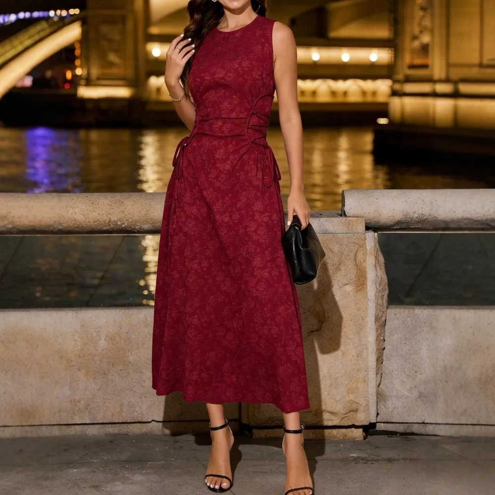 High End Women's Wine Red Jacquard Dress with Waist Cinching and A-line Tie, Long Dress for Banquets and Parties, Evening Gown