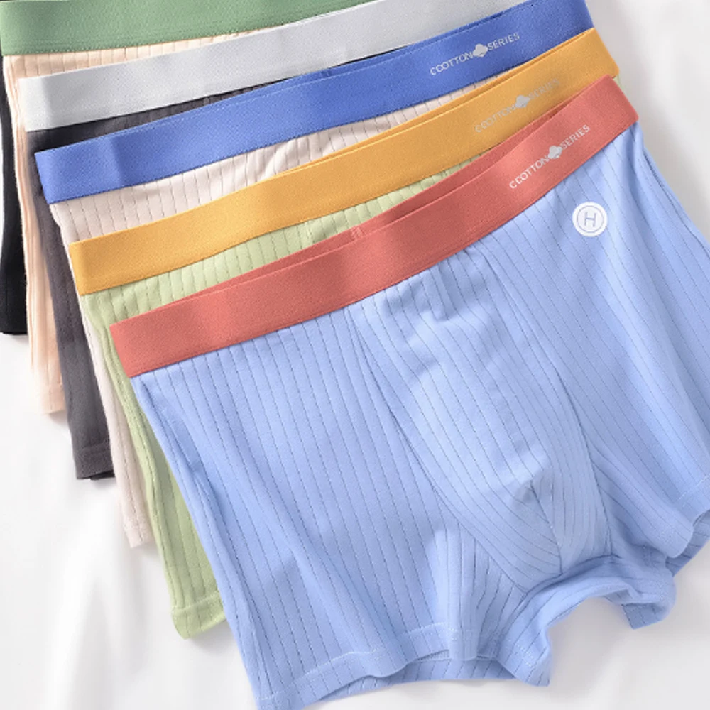 1 Pcs Mens Underwear Boxers Male Comfortable Elastic Shorts Breathable Boys Boxer Underpants Striped Contrast Briefs Plus Size