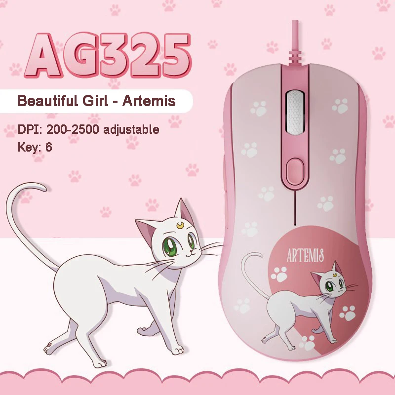 Cute Cartoon Wired Gaming Mouse 2500dpi Adjustable Kawaii Cat Design 6 Button Pink Game Mouse for PC Laptop Girl Kids Gifts