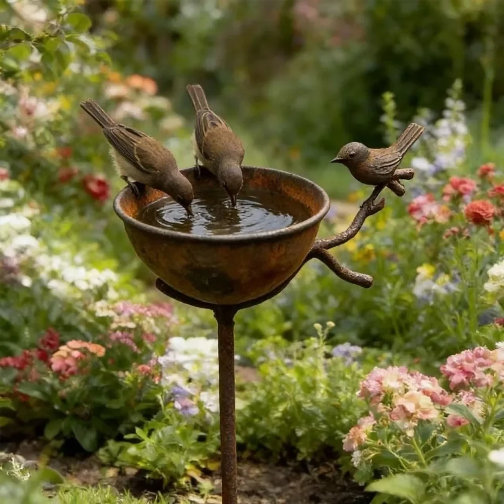 HLH Vintage Weathered Ground Stake Bird Bath Long Stem Insect Watering Station Rain Collectors with Bird Figurine Anti-tipping B