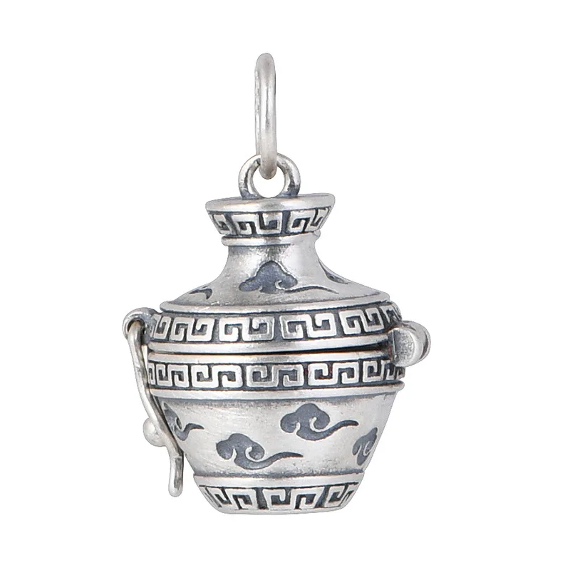 BOCAI  New S925 Silver Retro Simple Compact With The Character \'fu\' Gourd Gawu Box Pendant Male and Female