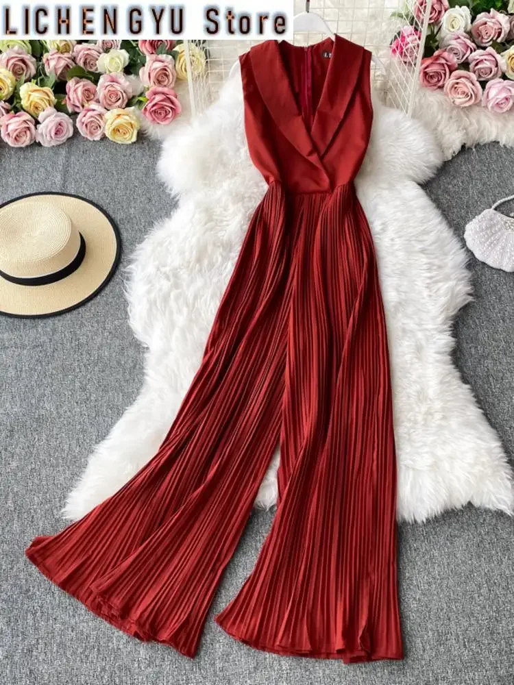 Sweet Women Jumpsuits Pleated High Waist Notched One-piece Fashion Flared Wide Leg Pants Spring Summer