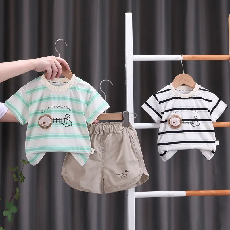 

2pcs/sets New Baby Boys Girls Summer Clothes Cotton Sports Striped Lion T Shirt Shorts Children Clothing Tracksuits Set 0-5Years