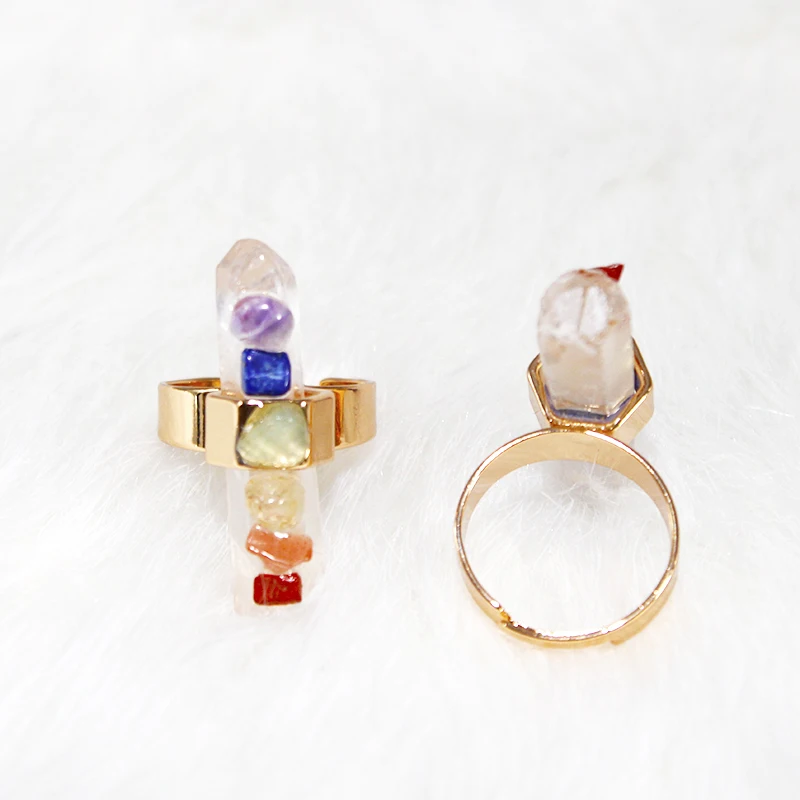 Irregular Chip Stones Clear Quartz Ring for Women 7 Chakra Gold Color Resizable Finger Jewelry Yoga Energy Balancing