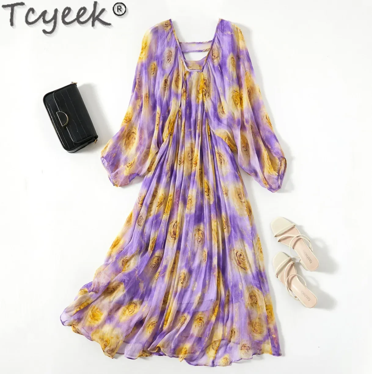 Tcyeek 100% Real Mulberry Silk Womens Dresses 2024 Party Dress Elegant Women's Dresses Spring Summer Clothes Loose Waist Vestido