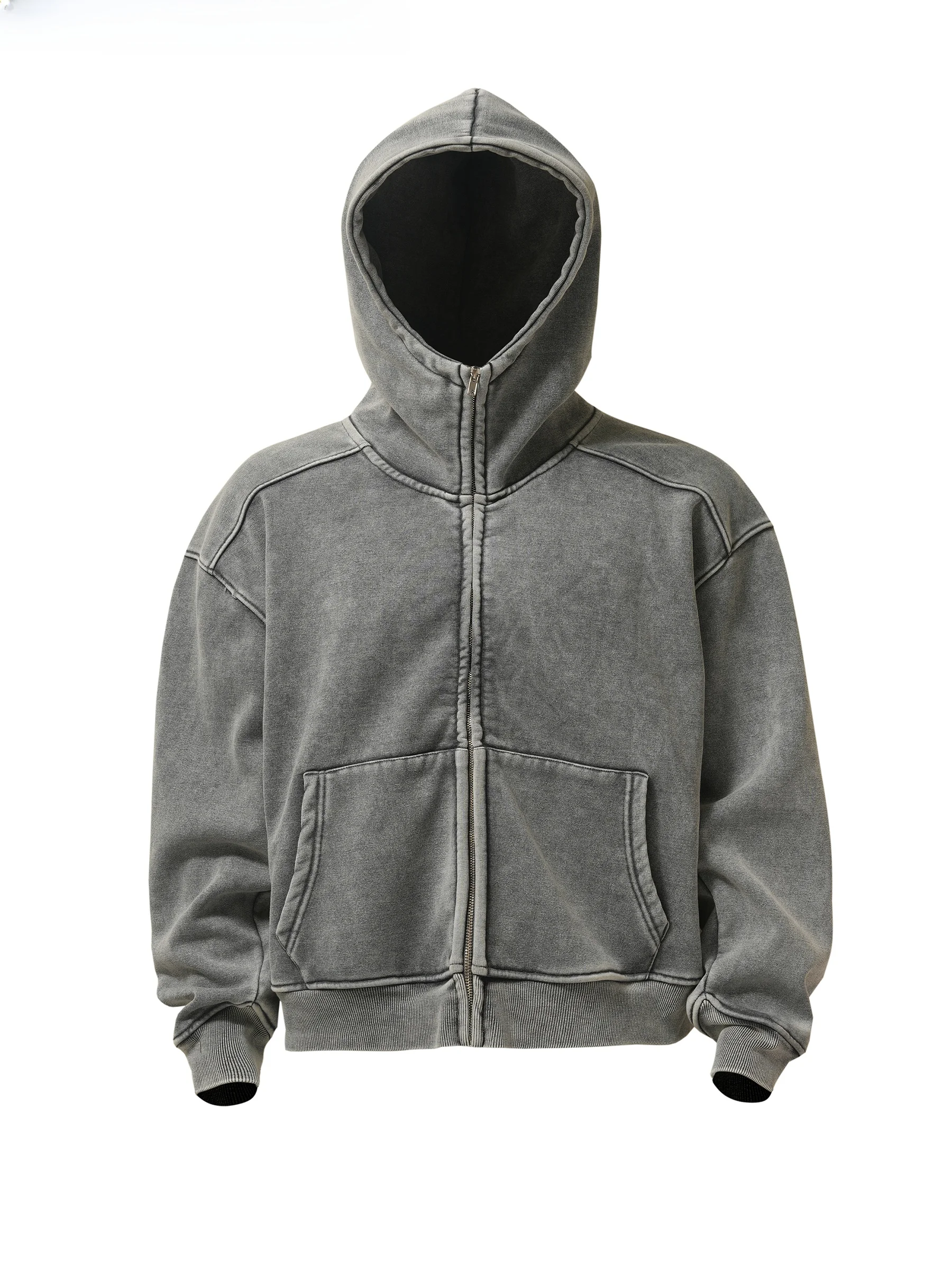 Heavyweight Vintage Washed Fleece Hooded Open Cardigan Sweatshirt Short Style Outerwear 380g Polyester Elastic Fiber Men's Wear