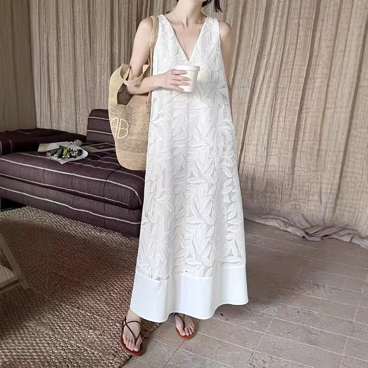 Summer New V-neck Cut Embellishing Neck Line+Hollow Embroidery Pattern Texture Fabric Elegant Sleeveless Women's Dress S-XL