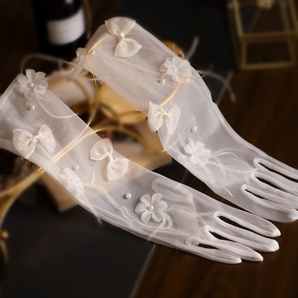 جديد Bowknot ثوب الزفاف القفازات شبكة التطريز قفازات الزفاف زي قفازات هدية