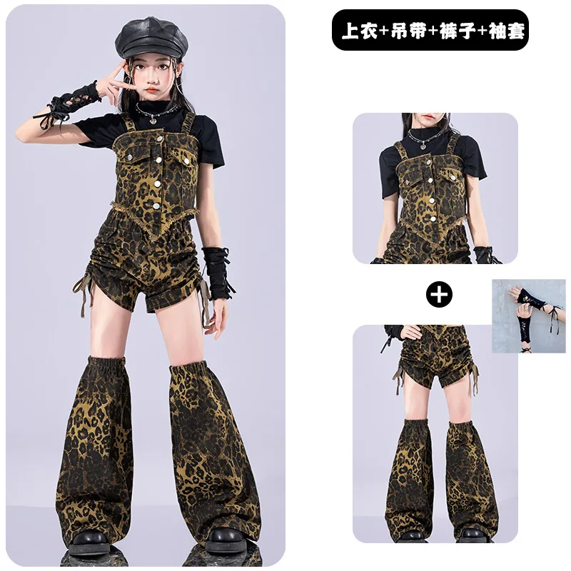 Kids K-pop Crop Top Leopard Vest Pants Street Dance Shorts Clothes Set Girls Jazz Girl Group Costume Children Hip Hop Streetwear