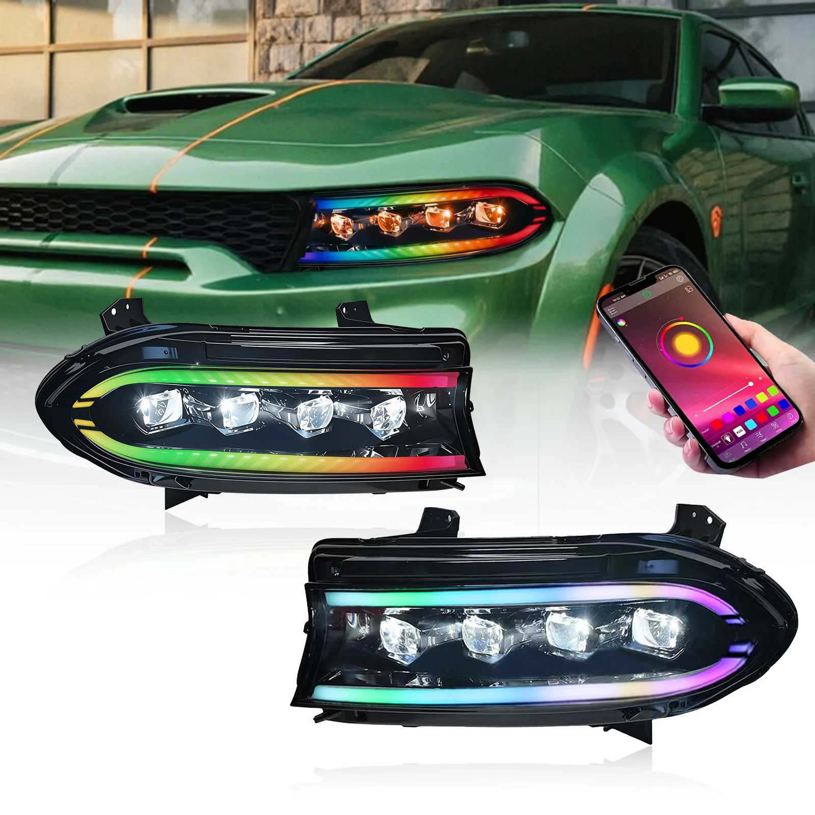 SINDAR LED Headlights RGB Color Change DRL Lamps For 2016-2021 Dodge Charger