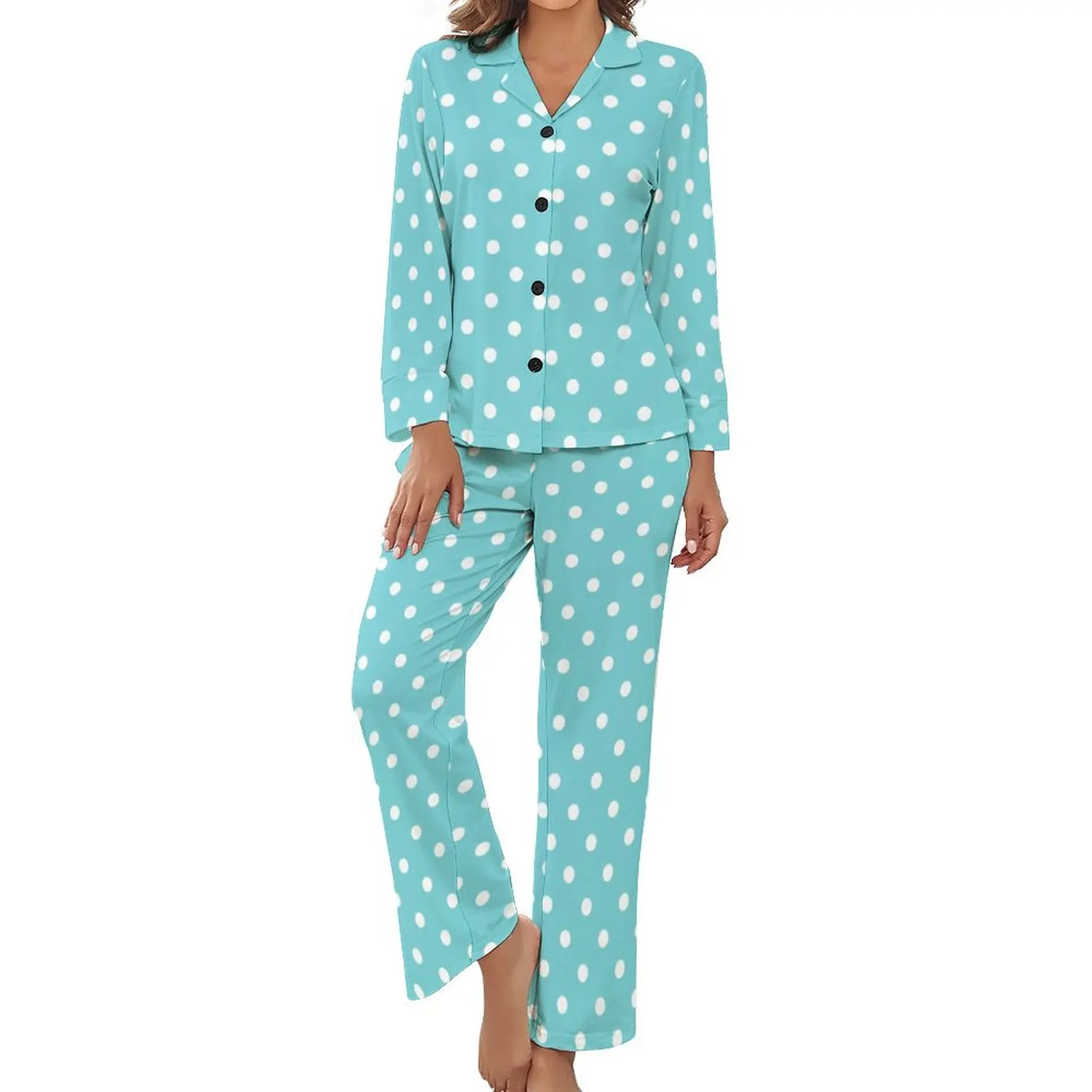 White Polka Dots Pajamas Autumn 2 Piece Vintage Print Fashion Pajamas Set Lady Long Sleeve V Neck Casual Graphic Nightwear