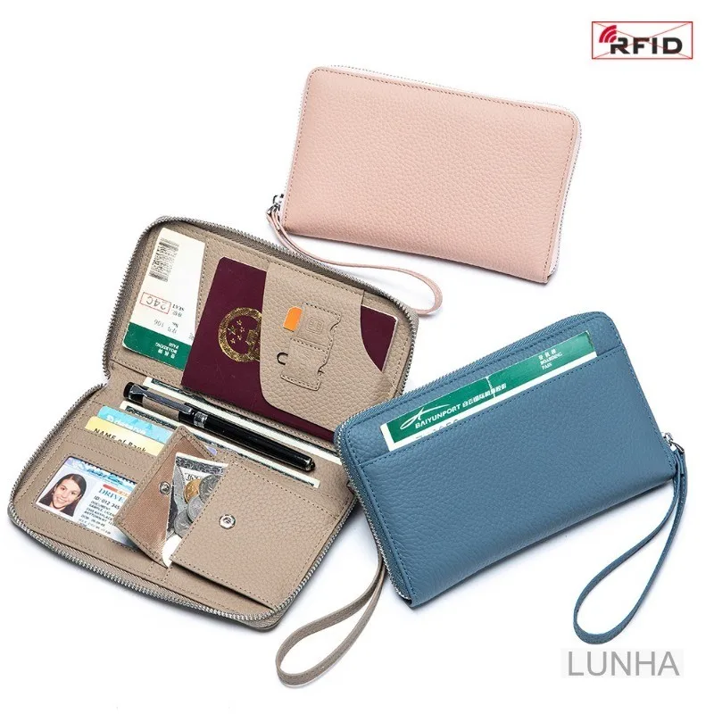 Women's Large Capacity Genuine Leather Long Wallet RFID Multifunctional Passport Bag Ticket Passport Document Organizer
