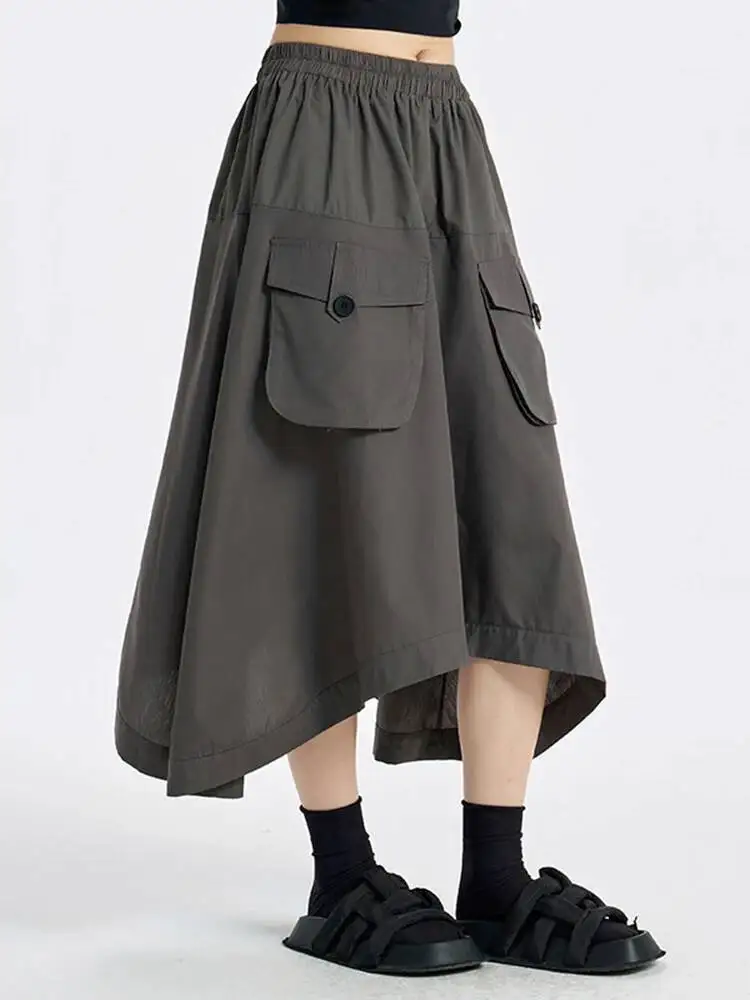 High Elastic Waist Dark Gray Pocket Irregular A-line Half-body Skirt Women Fashion Tide New Spring Autumn