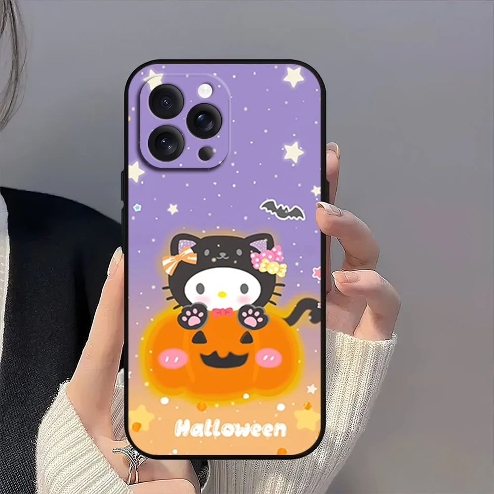 MINISO S-Sanrio Friends Cute Halloween Phone Case for iPhone 12 11 14 15 13 16 Max Plus Pro Black Soft Silicone Cover