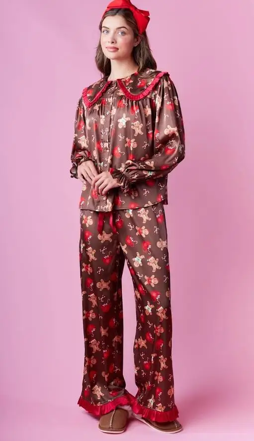 طقم بيجامة عيد الميلاد للسيدات مكون من قطعتين بيجامة بوليستر وردية مع ياقة بيتر بان مكشكشة وطباعة عطلة احتفالية طويلة #1