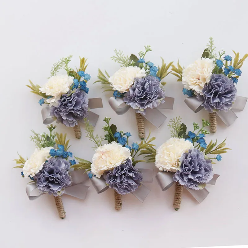 Conjunto de ramillete y Boutonniere para boda, 6 piezas, blanco y azul, para novia, dama de honor, hombre, novio, rosa roja, accesorios de flores de boda