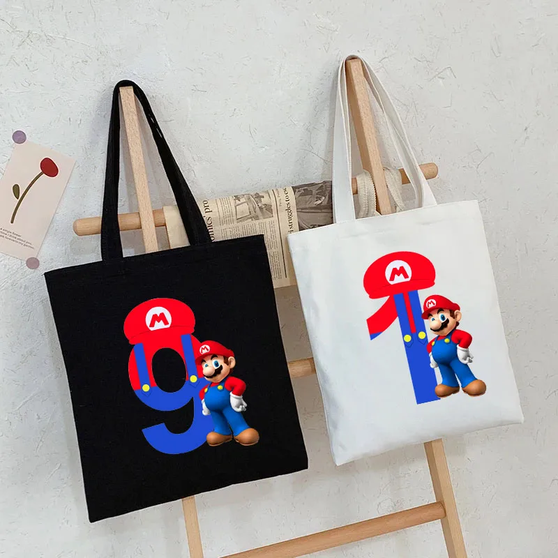 Super Mario Bros Lucky Number 1-9 Canvas Shopping Bags Shopper Tote Bag for Women Shopping Bags Handbag Cotton Bag Anime Bags