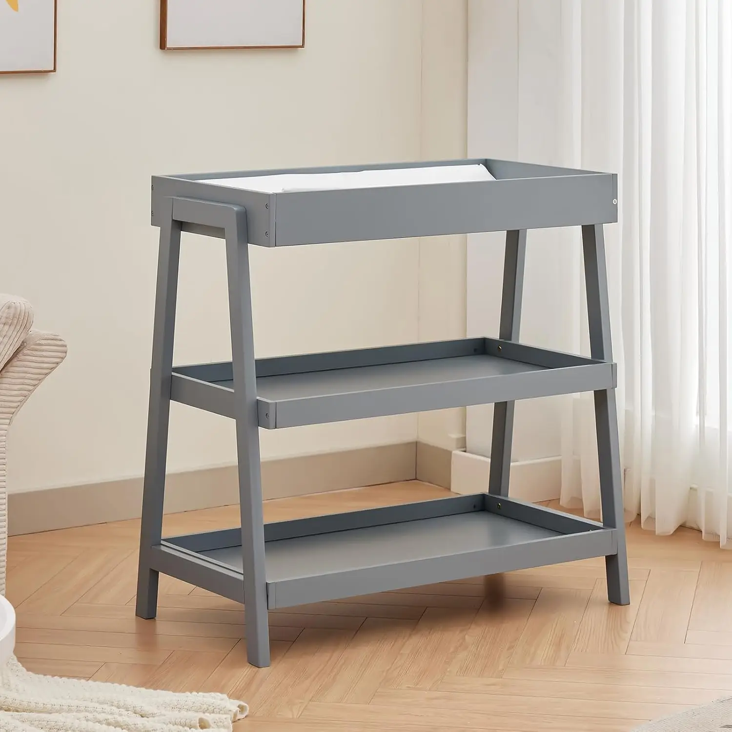 Baby Changing Table Portable Infant Diaper Changing Table with Waterproof Pad Wood Diaper Station with 2 Storage Shelves