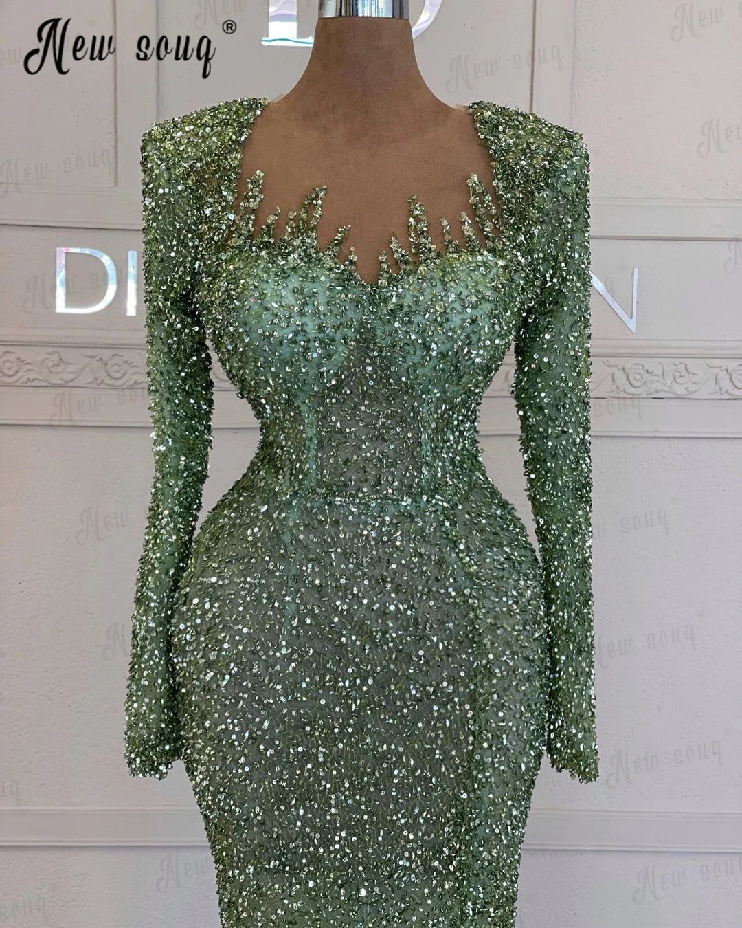 Couture Green Long Sleeve Mermaid Evening Dress Shoulder Pad Full Beaded Formal Prom Party Gowns Muslim Plus Size  Robe Soirée