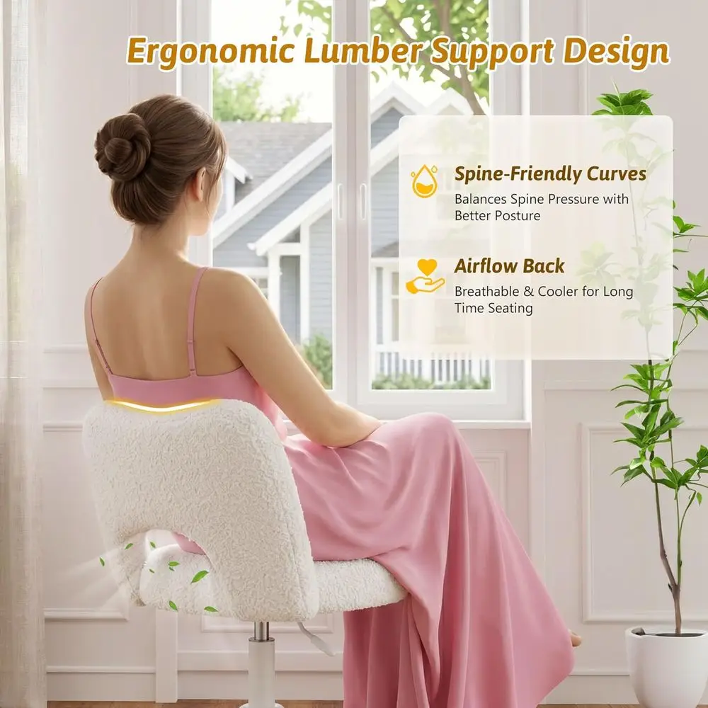 Vanity Chair with Open Back & Wheels, luy Teddy abric,Arml, Height Adjustable,300lbs or Makeup Room, Bedroom,Cream - view 3