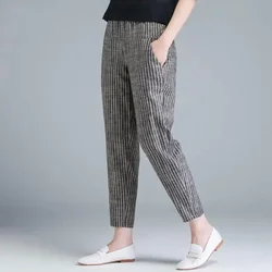 New Arrival Summer Women Pants Korea Fashion High Waist Thin Casual Harem Pants Striped Cotton Linen Trousers