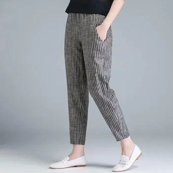 Nieuwe Aankomst Zomer Damesbroek Korea Mode Hoge Taille Dunne Casual Harembroek Gestreepte Katoenen Linnen Broek