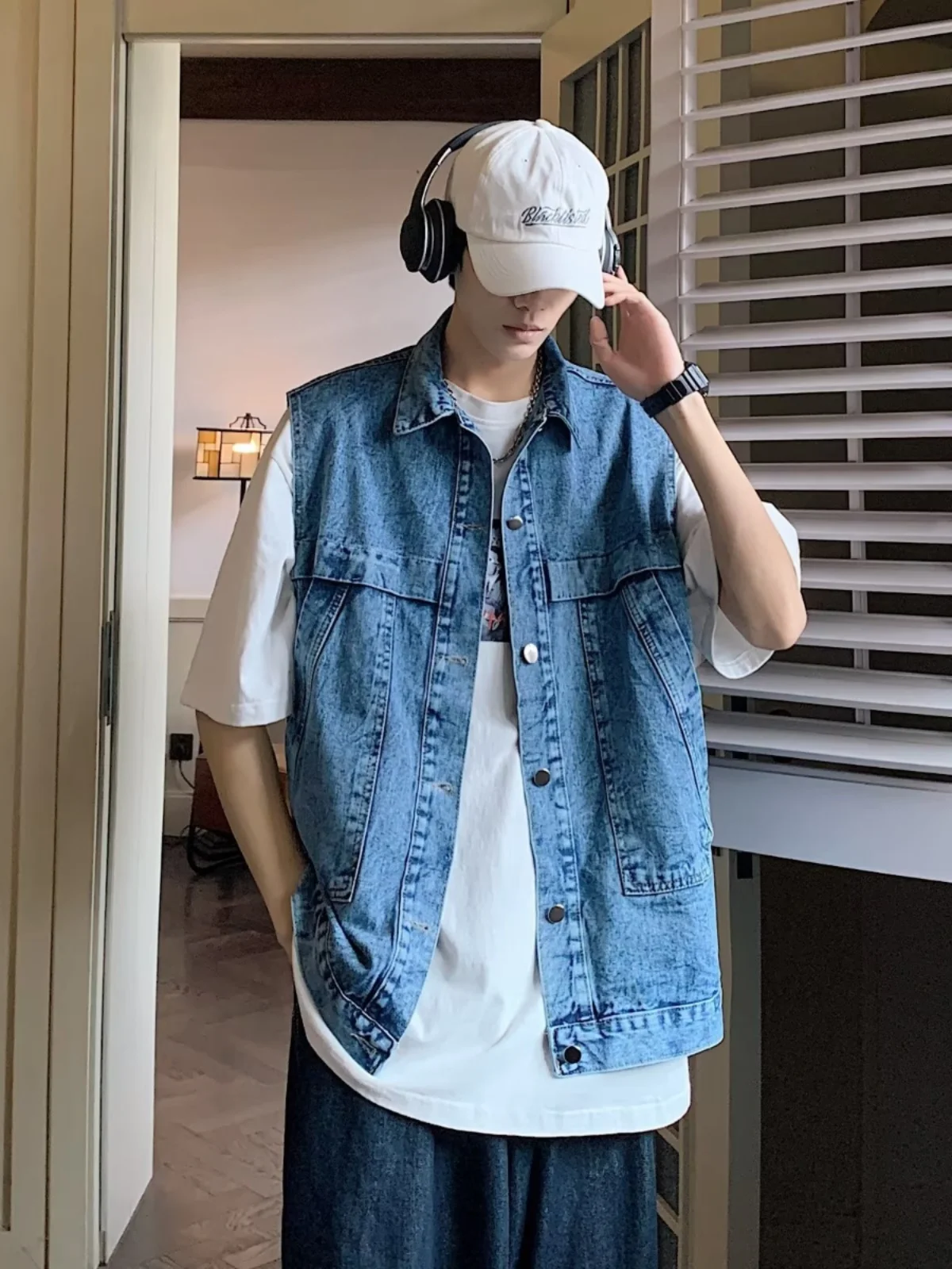 

Loose Men's Denim Vest Summer Outerwear Svel Retro High Street oulder Bared Jaet Trendy Workwear Sle Casual Coat