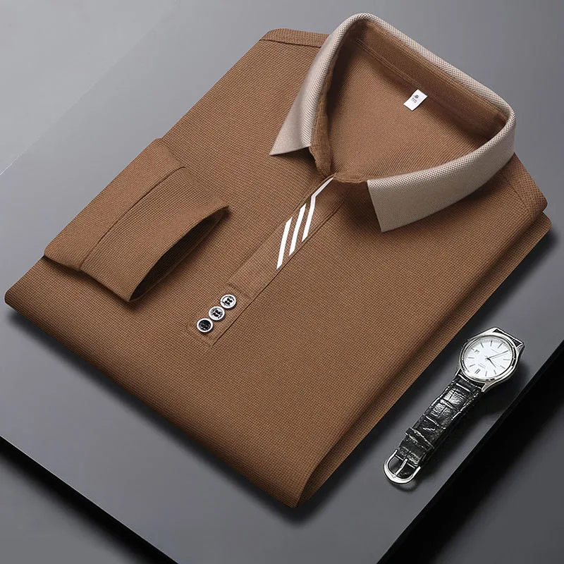 High quality long sleeve men's polo shirt Autumn Winter flip collar fashionable hot selling striped slim fit design top T-shirt