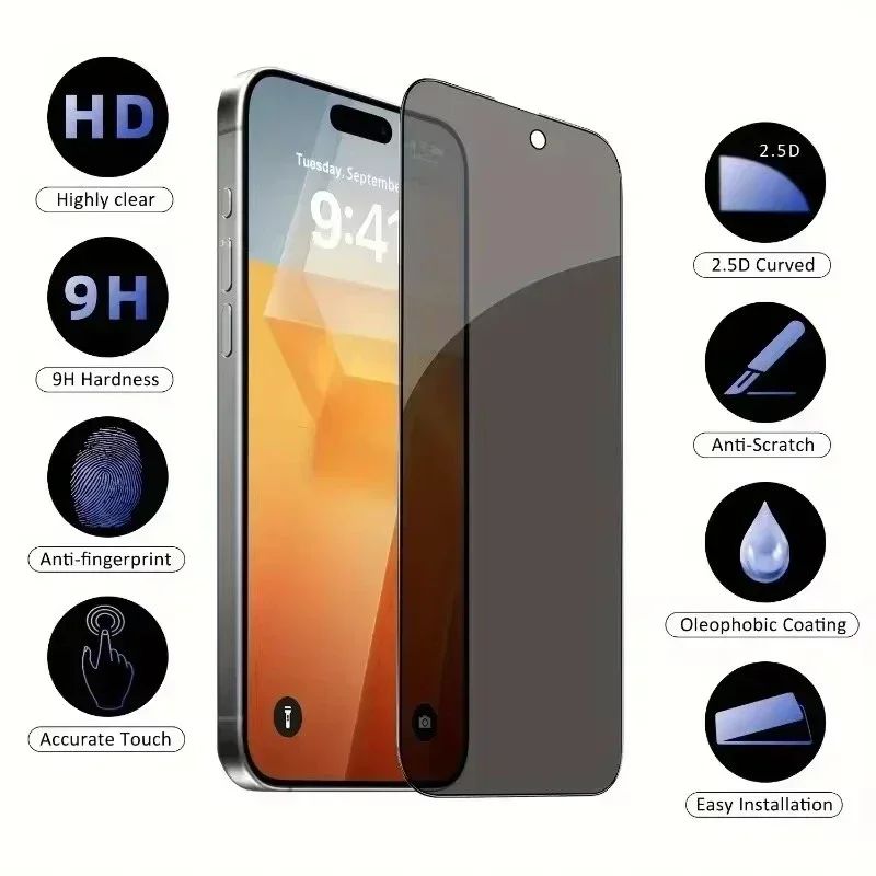 1-5 Piezas Protector de Pantalla de Privacidad de Cubierta Completa para iPhone 16 15 13 11 14Pro Max Vidrio Templado Antiespía para iPhone X XS Max XR 3