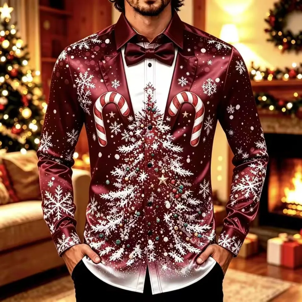 Men's Christmas Holiday Two-Piece Satin Shirts, Long Sleeve Christmas-Themed Notched Collar Print Festive Tops