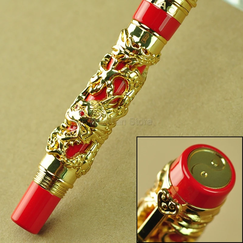Jinhao Luxury Dragon Phoenix Fountain Pen, Metal Carving Embossing Heavy Pen, Golden & Red For Business Fountain Pen